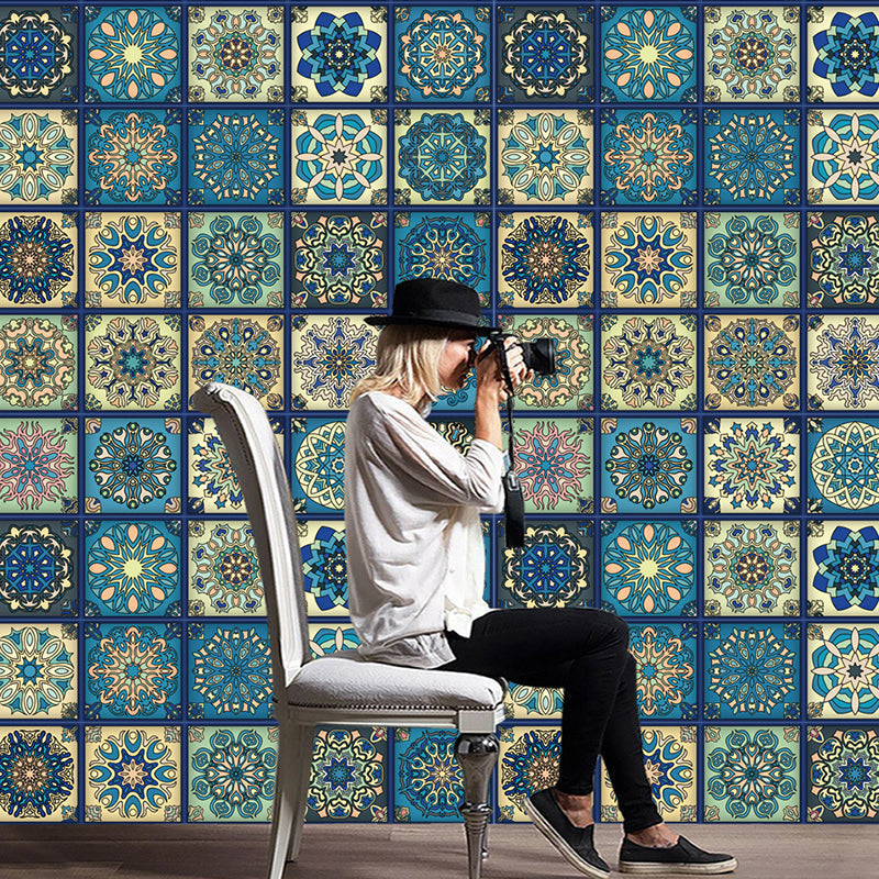 Bohemian Mandala Wallpaper Panels Blue-Yellow-Green Adhesive Wall Decor for Kitchen Clearhalo 'Wall Decor' 'Wallpaper' 1424873