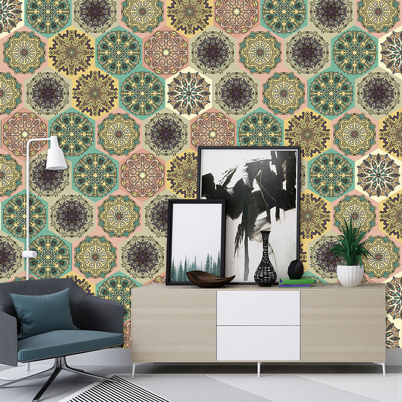 Removable Mandala Wallpaper Panel PVC Bohemian Wall Covering for Living Room (12 Pcs) Clearhalo 'Wall Decor' 'Wallpaper' 1424919