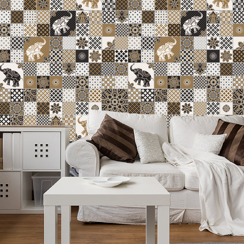 Brown Bohemian Wallpaper Panel 10.8-sq ft Elephant and Geometric Print Wall Decor, Peel and Stick Clearhalo 'Modern wall decor' 'Modern' 'Wallpaper' Wall Decor' 1424934