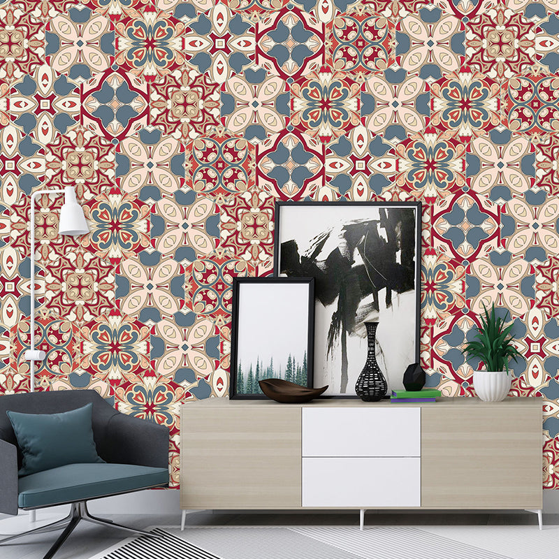 Bohemian Tiles Blossom Wallpaper Panel Orange-Blue Self Stick Wall Art for Living Room Clearhalo 'Wall Decor' 'Wallpaper' 1424945