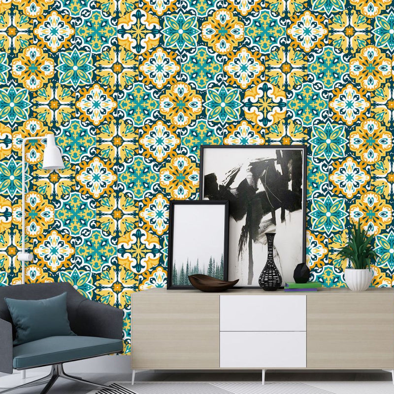 Ethnic Flowers Stick On Wallpaper Panels for Living Room, Yellow-Green, 9' L x 8