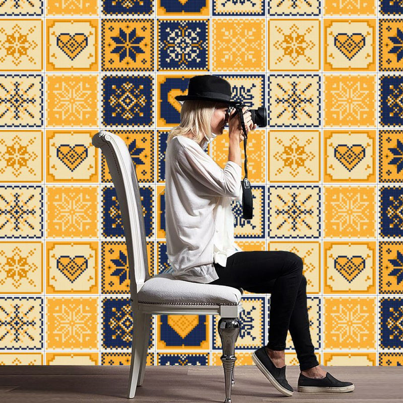 Boho Flower Tile Wallpaper Panel for Kitchen 2.2-sq ft Wall Decor in Yellow-Blue, Stick On Yellow-Blue Clearhalo 'Wall Decor' 'Wallpaper' 1425012