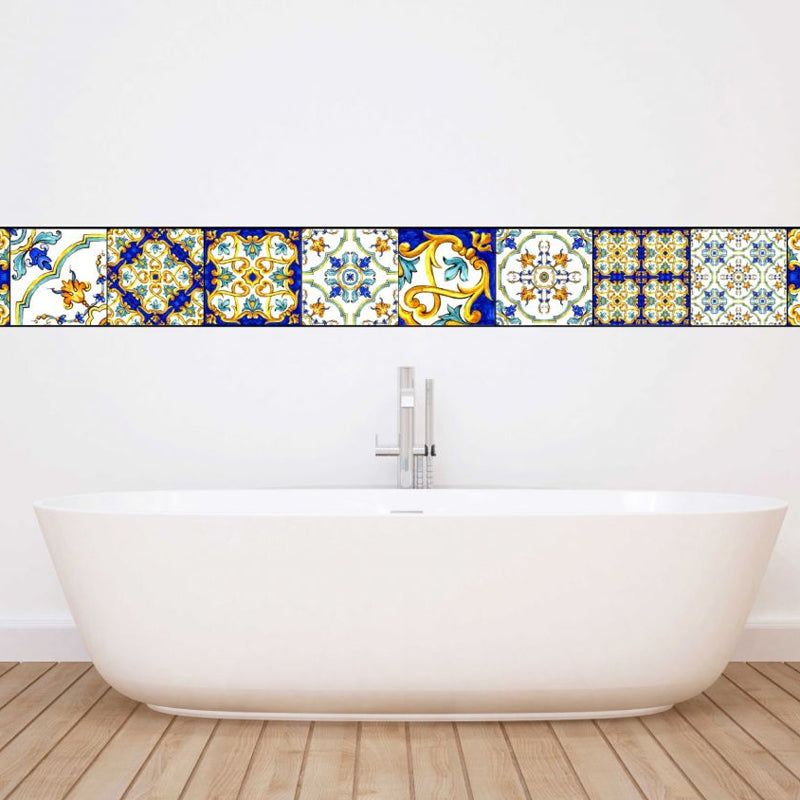 Moroccan Tile Adhesive Wallpaper Panel Set Yellow-Blue Boho Chic Wall Art for Living Room Yellow-Blue Clearhalo 'Wall Decor' 'Wallpaper' 1425038