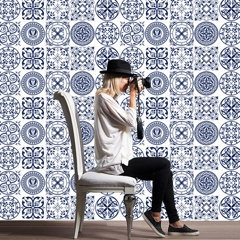 Boho Chic Mandala Wallpaper Panel for Kitchen 2.2-sq ft Wall Covering in Blue, Easy Peel off Blue Clearhalo 'Wall Decor' 'Wallpaper' 1425054