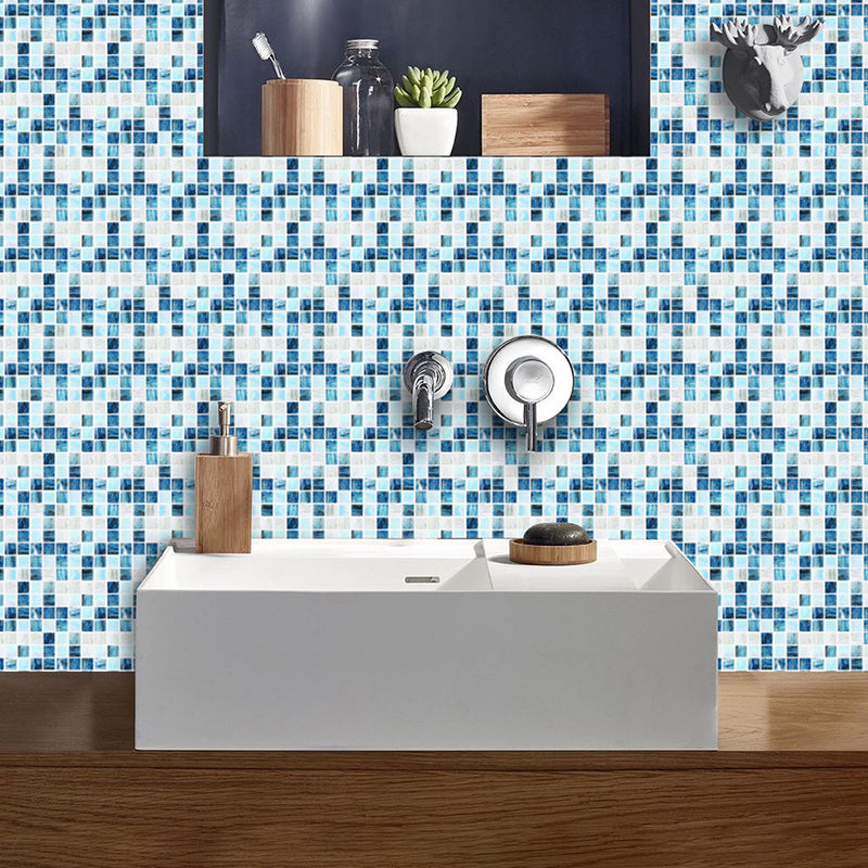 Blue-White Mosaics Wallpaper Panels Removable Modern Toilet Wall Art, Peel and Stick Blue-White Clearhalo 'Wall Decor' 'Wallpaper' 1425108