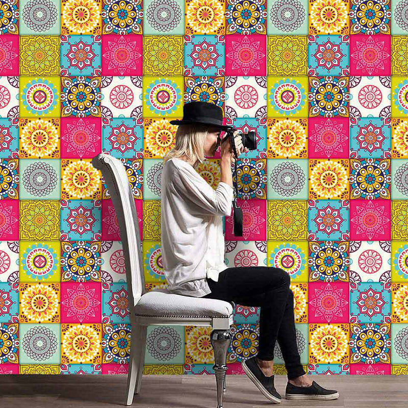 Mandala Peel and Stick Wallpaper Panel Set Rose Red-Blue-Green Boho Chic Wall Art Hot Pink-Blue-Green Clearhalo 'Wall Decor' 'Wallpaper' 1425183