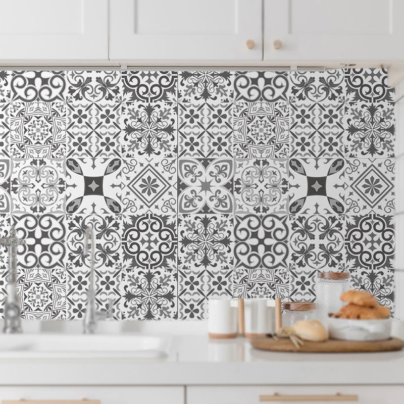 Ethnic Baroque Tiles Wallpaper Panel for Restaurant, Black and White, 8' L x 8