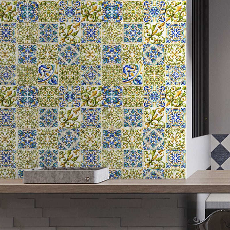 Blue-Green Boho Wallpaper Panel 4.3-sq ft Moroccan Tiles Wall Covering for Dining Room, Stick On Blue-Green Clearhalo 'Wall Decor' 'Wallpaper' 1425287