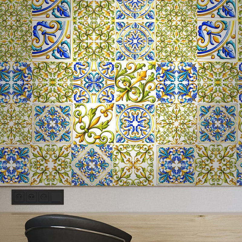 Blue-Green Boho Wallpaper Panel 4.3-sq ft Moroccan Tiles Wall Covering for Dining Room, Stick On Clearhalo 'Wall Decor' 'Wallpaper' 1425288