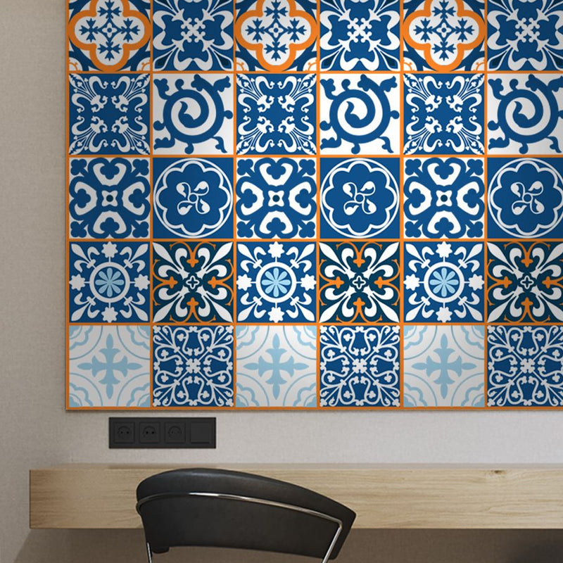 Moroccan Tiles Wallpaper Panel Set in Orange-Blue Self-Adhesive Wall Decor for Kitchen Orange-Blue Clearhalo 'Wall Decor' 'Wallpaper' 1425293