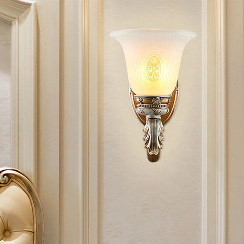 1/2-Head Wall Sconce Traditional Bell Shape Fluted Opal Glass Wall Lighting Idea in Brown Clearhalo 'Wall Lamps & Sconces' 'Wall Lights' Lighting' 1425344