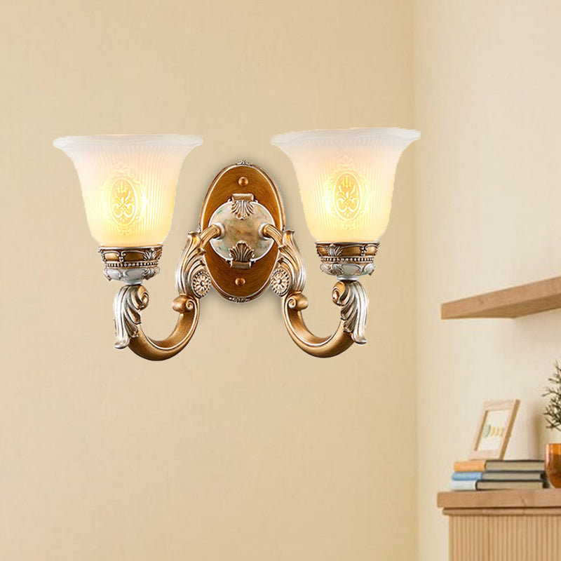 1/2-Head Wall Sconce Traditional Bell Shape Fluted Opal Glass Wall Lighting Idea in Brown Clearhalo 'Wall Lamps & Sconces' 'Wall Lights' Lighting' 1425348