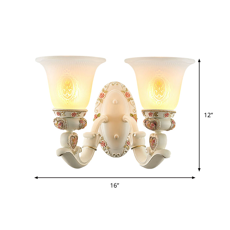 Conical Living Room Sconce Light Countryside Ribbed Milky Glass 1/2-Bulb White Wall Lighting Fixture with Floral Decor Clearhalo 'Wall Lamps & Sconces' 'Wall Lights' Lighting' 1425360