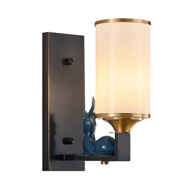 Antiqued Column Sconce Light Single Bulb Opal Glass Wall Lighting Idea with Rectangular Backplate in White Clearhalo 'Wall Lamps & Sconces' 'Wall Lights' Lighting' 1425375