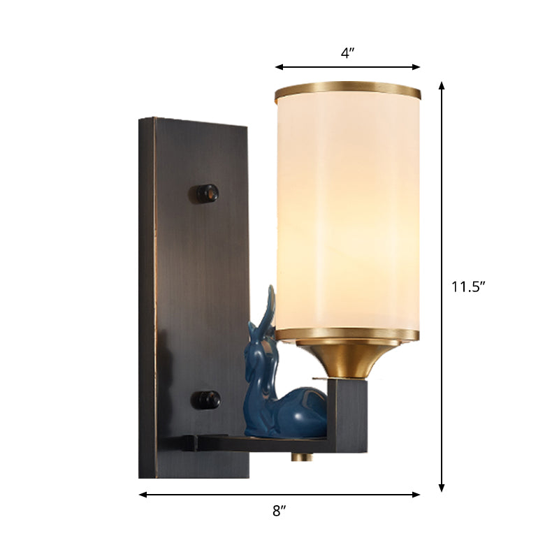 Antiqued Column Sconce Light Single Bulb Opal Glass Wall Lighting Idea with Rectangular Backplate in White Clearhalo 'Wall Lamps & Sconces' 'Wall Lights' Lighting' 1425377