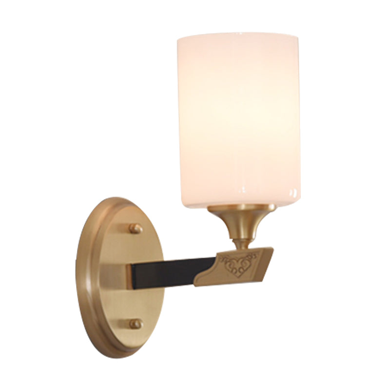 1/2-Head Cylindrical Wall Lamp Traditional Black-Gold White Glass Wall Mount Light Fixture Clearhalo 'Wall Lamps & Sconces' 'Wall Lights' Lighting' 1425379