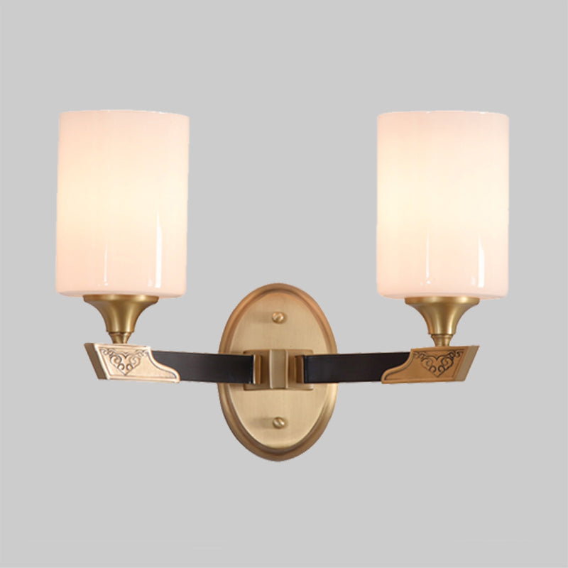 1/2-Head Cylindrical Wall Lamp Traditional Black-Gold White Glass Wall Mount Light Fixture Clearhalo 'Wall Lamps & Sconces' 'Wall Lights' Lighting' 1425385