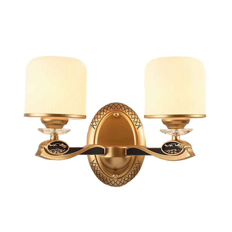 Gold Cylinder Wall Lighting Retro Style Ribbed Glass 1/2 Bulbs Bedside Wall Sconce Light Clearhalo 'Wall Lamps & Sconces' 'Wall Lights' Lighting' 1425397