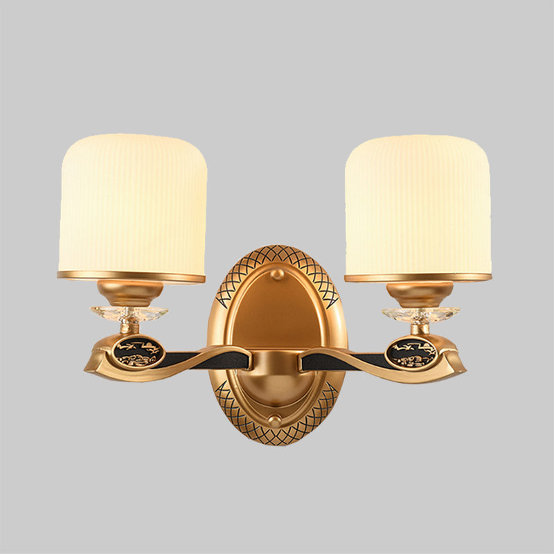 Gold Cylinder Wall Lighting Retro Style Ribbed Glass 1/2 Bulbs Bedside Wall Sconce Light Clearhalo 'Wall Lamps & Sconces' 'Wall Lights' Lighting' 1425398