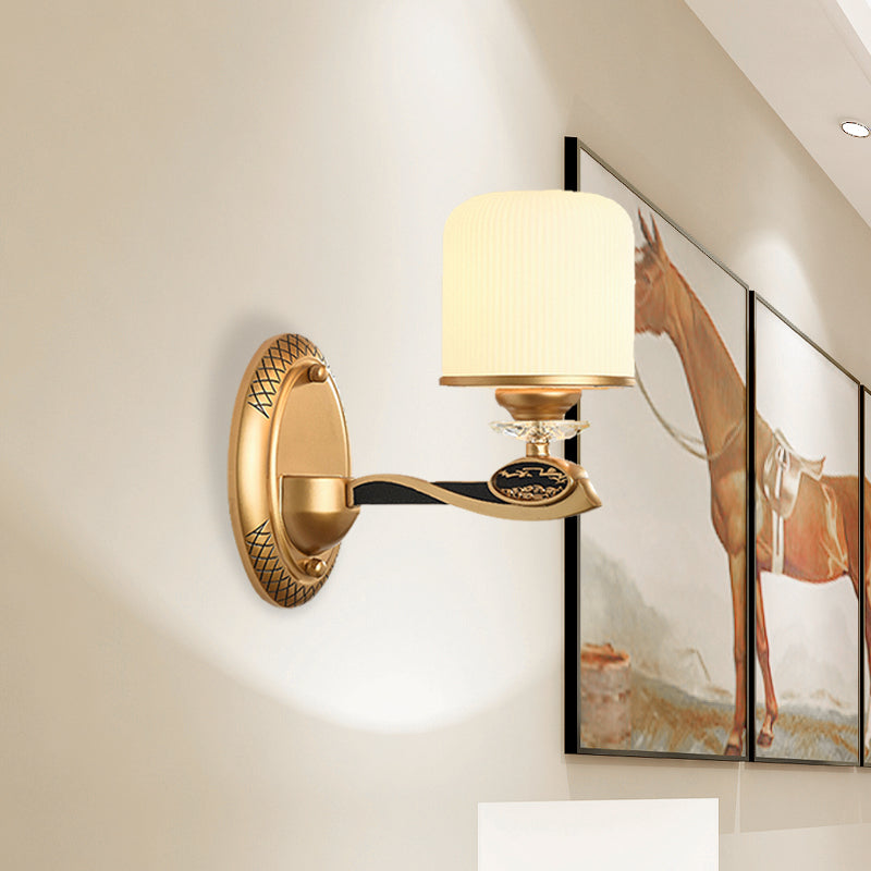 Gold Cylinder Wall Lighting Retro Style Ribbed Glass 1/2 Bulbs Bedside Wall Sconce Light Clearhalo 'Wall Lamps & Sconces' 'Wall Lights' Lighting' 1425401