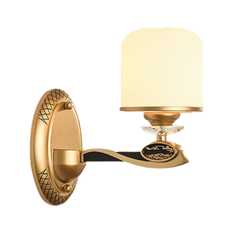 Gold Cylinder Wall Lighting Retro Style Ribbed Glass 1/2 Bulbs Bedside Wall Sconce Light Clearhalo 'Wall Lamps & Sconces' 'Wall Lights' Lighting' 1425402