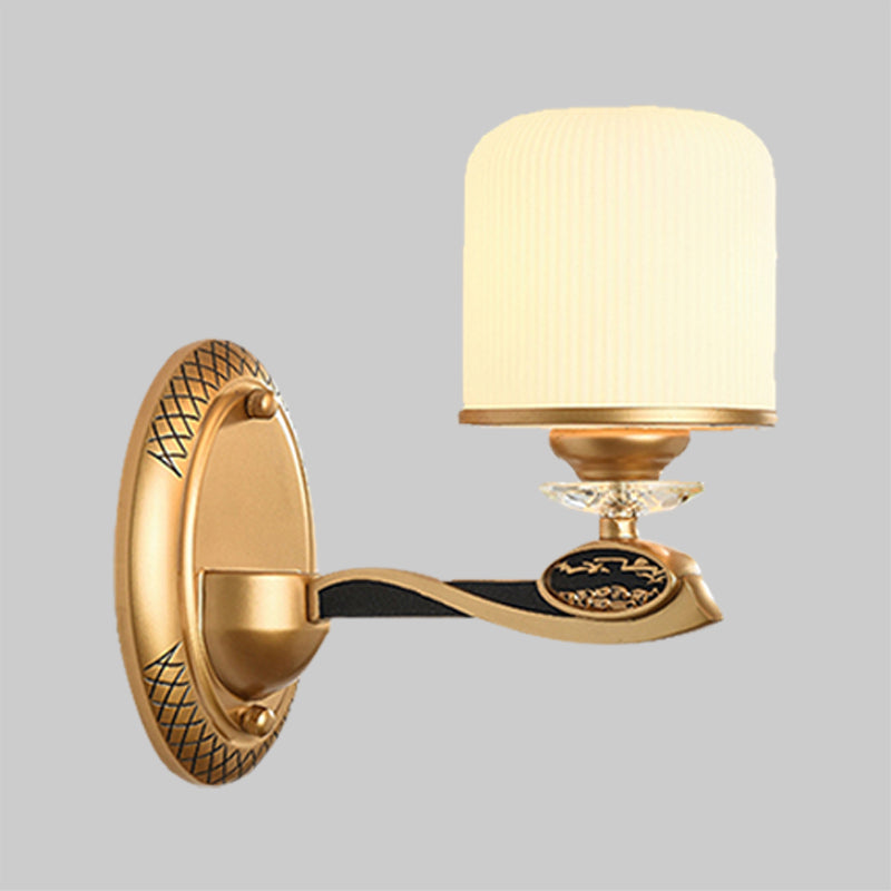 Gold Cylinder Wall Lighting Retro Style Ribbed Glass 1/2 Bulbs Bedside Wall Sconce Light Clearhalo 'Wall Lamps & Sconces' 'Wall Lights' Lighting' 1425403