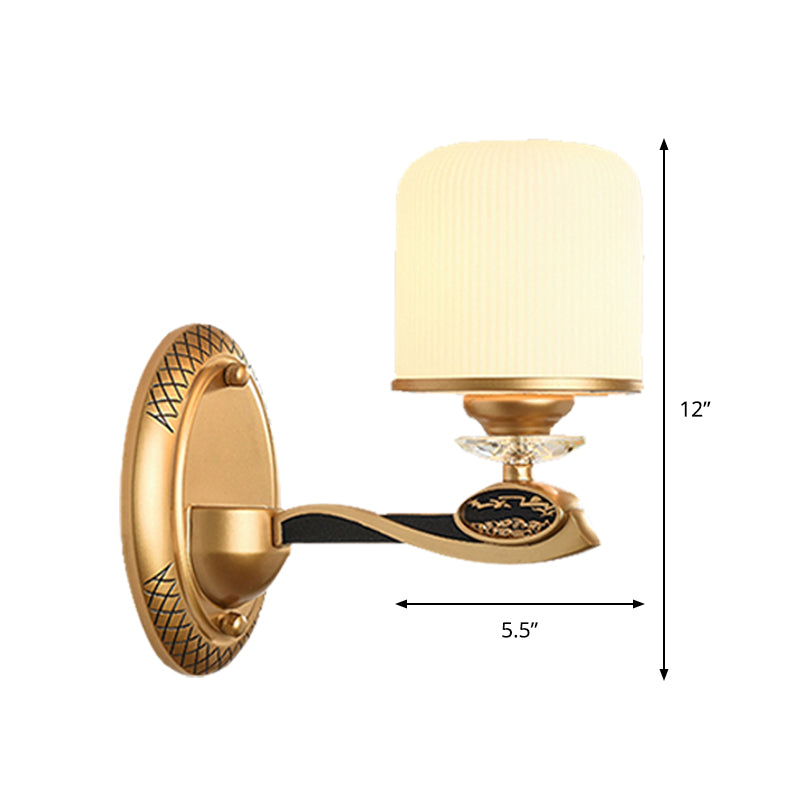 Gold Cylinder Wall Lighting Retro Style Ribbed Glass 1/2 Bulbs Bedside Wall Sconce Light Clearhalo 'Wall Lamps & Sconces' 'Wall Lights' Lighting' 1425404