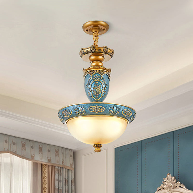 Frosted Glass Domed Pendant Light Farmhouse 3 Bulbs Dining Room Ceiling Lamp with Carving Blossom in Blue, 14.5