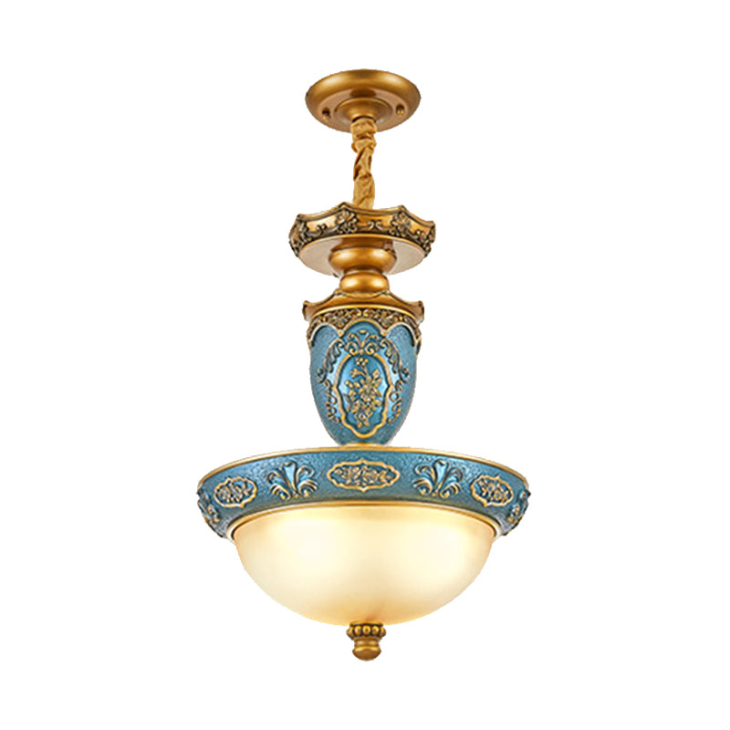 Frosted Glass Domed Pendant Light Farmhouse 3 Bulbs Dining Room Ceiling Lamp with Carving Blossom in Blue, 14.5