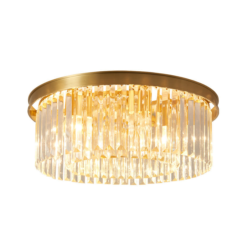 4/5 Bulbs Clear Crystal Prisms Light Fixture Gold Round Bedroom Flush Mount Lamp, 16