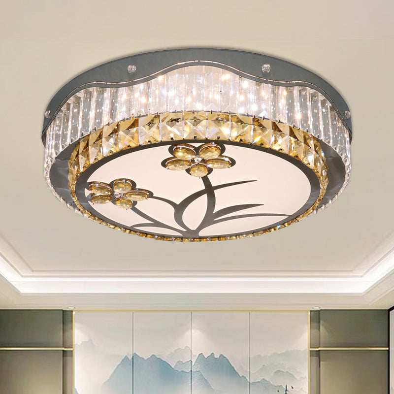 Drum Bedchamber Ceiling Lamp Modern Rectangular-Cut Crystals LED Chrome Flushmount Lighting with Flower Pattern Clearhalo 'Ceiling Lights' 'Close To Ceiling Lights' 'Close to ceiling' 'Flush mount' Lighting' 1425507