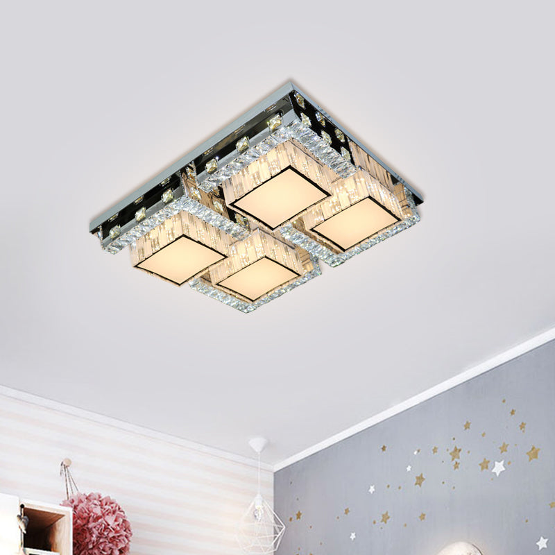 LED Ceiling Light Modern Rectangle/Square Crystal Blocks Flushmount in Stainless-Steel with White Cubic Shade, 31