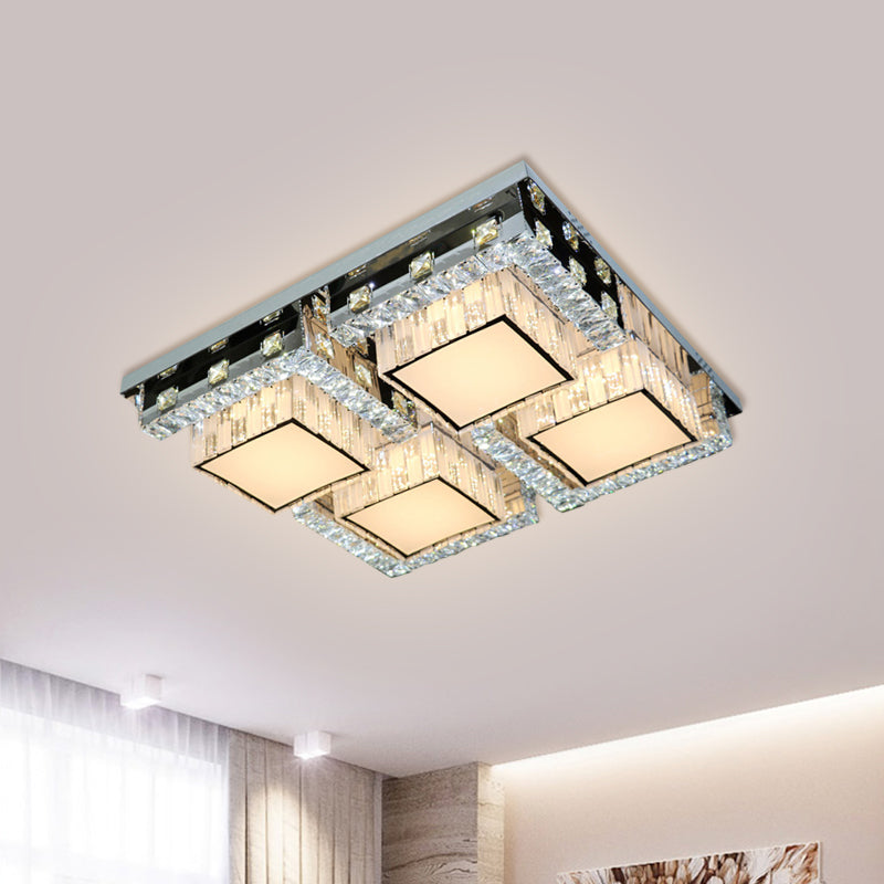 LED Ceiling Light Modern Rectangle/Square Crystal Blocks Flushmount in Stainless-Steel with White Cubic Shade, 31