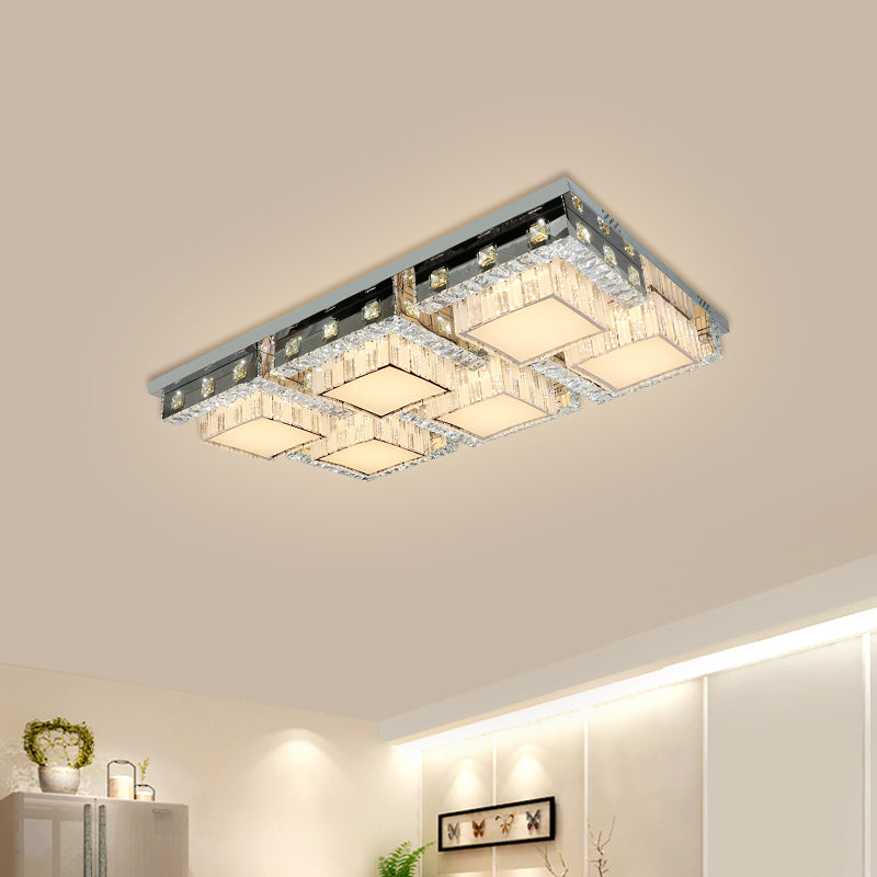 LED Ceiling Light Modern Rectangle/Square Crystal Blocks Flushmount in Stainless-Steel with White Cubic Shade, 31