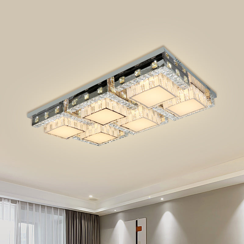 LED Ceiling Light Modern Rectangle/Square Crystal Blocks Flushmount in Stainless-Steel with White Cubic Shade, 31