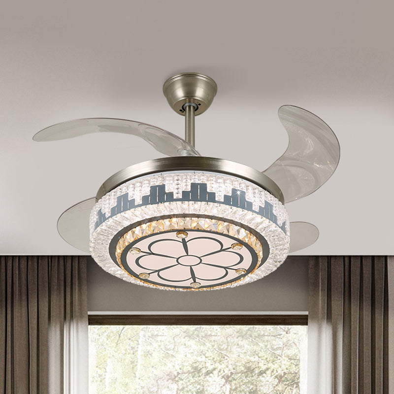 LED Circular Semi Flush Modern Stainless-Steel Clear Crystal Blocks 4 Blades Pendant Fan Light, 19