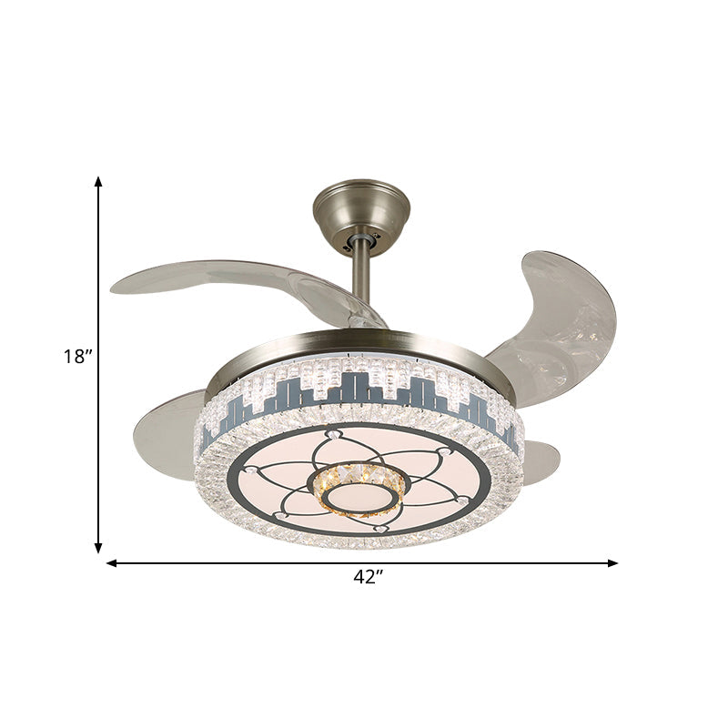 Stainless-Steel LED Hanging Fan Lamp Modern Clear Crystal Blocks Round Semi Flush Light with 4 Blades, 19