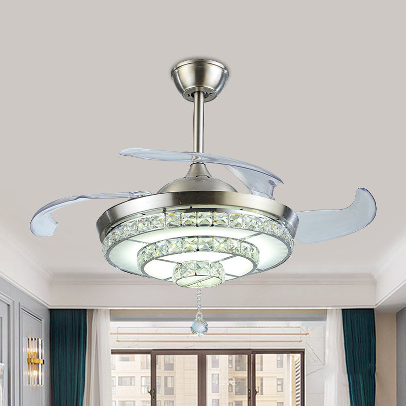 LED Tiered Round Ceiling Fan Light Contemporary Nickel Crystals 4-Blade Semi Flush Mount, 19