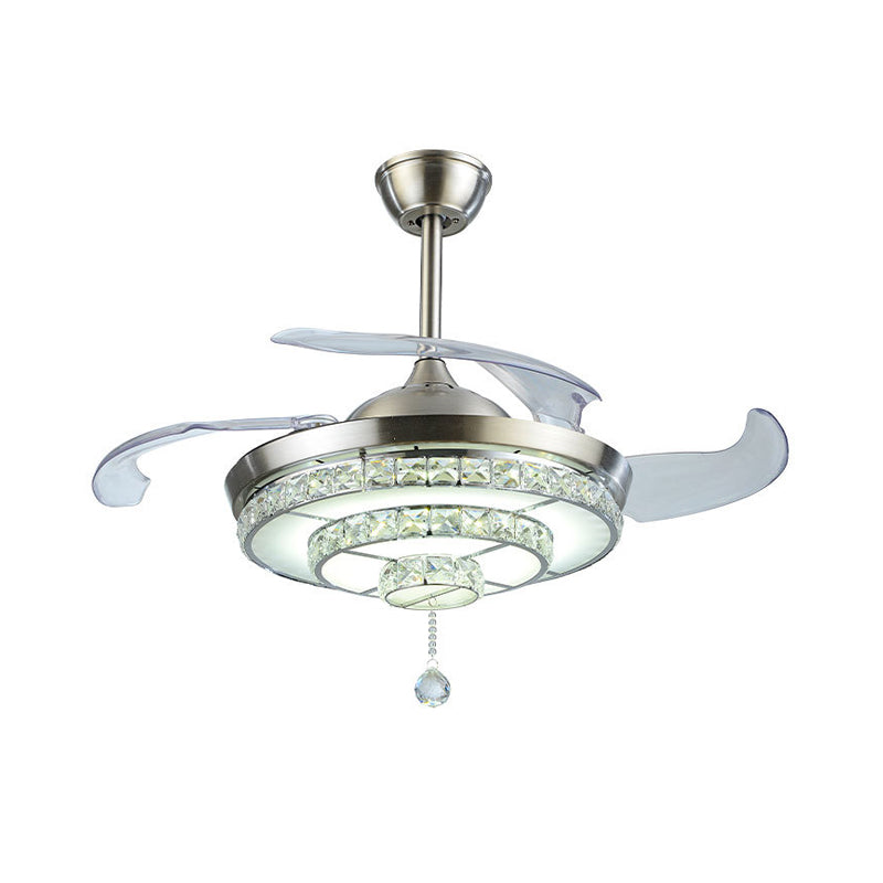 LED Tiered Round Ceiling Fan Light Contemporary Nickel Crystals 4-Blade Semi Flush Mount, 19