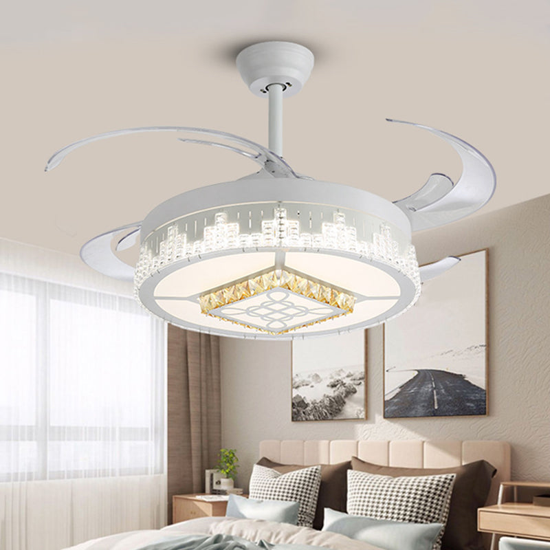 Crystal Blocks White Semi Mount Light Round Modern 4 Blades LED Ceiling Fan Lamp with Flower/Snowflake/Chinese Knot Pattern, 19