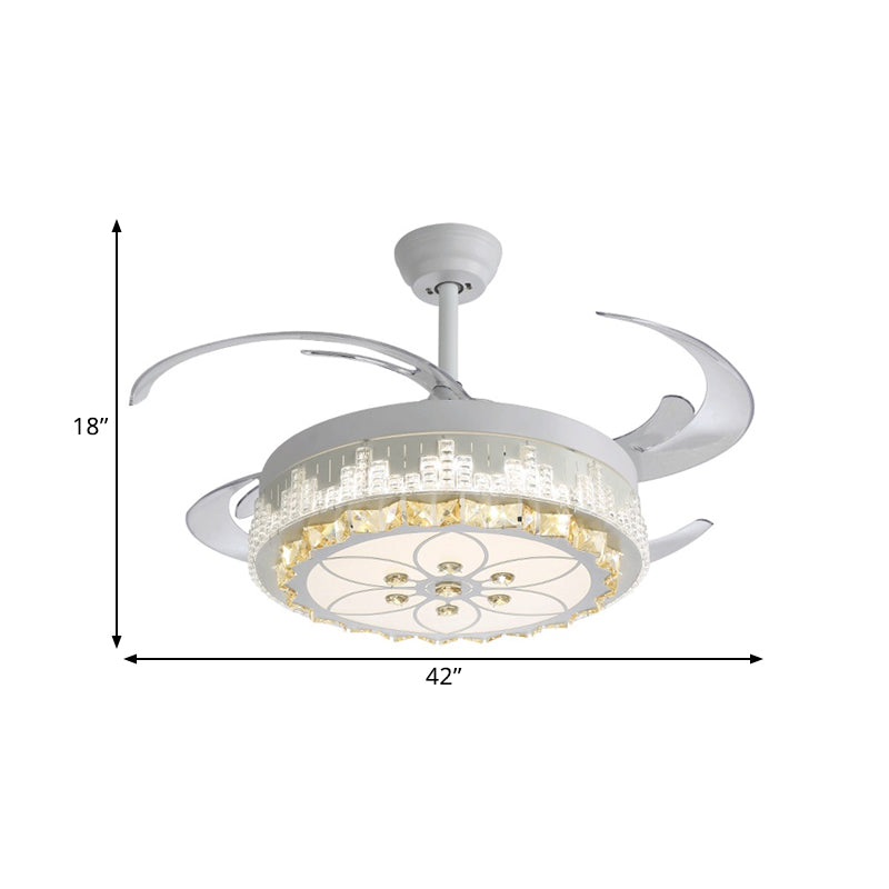 4 Blades LED Pendant Fan Lamp Contemporary Circular Clear Crystal Blocks Semi Flush Mount, 19