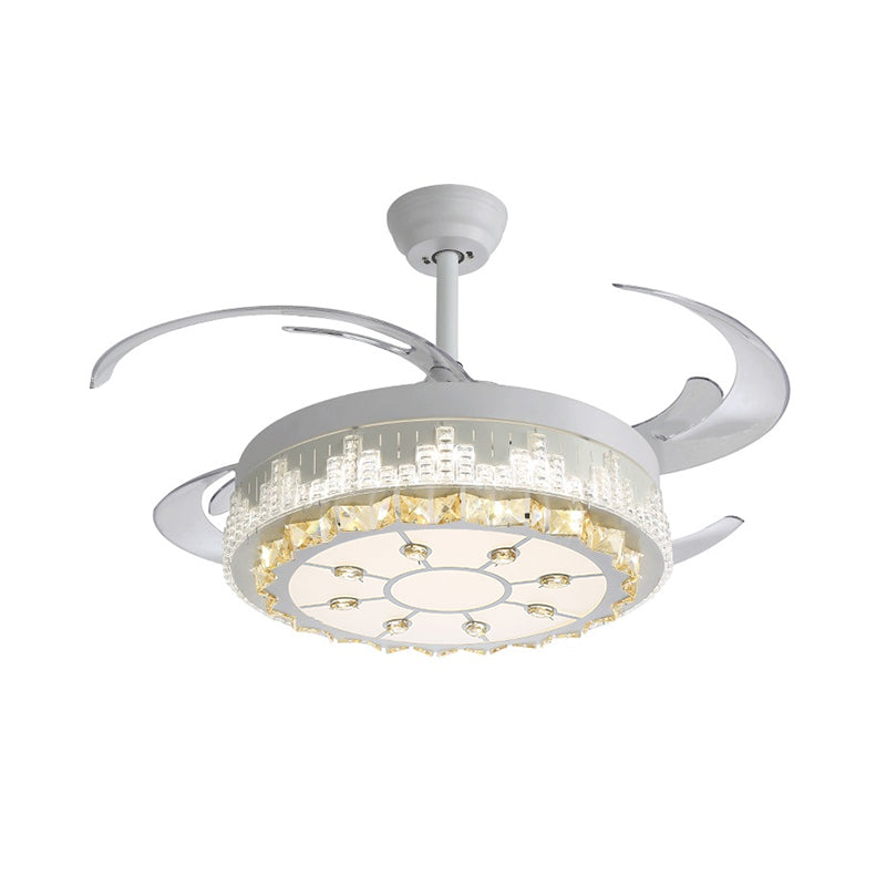 4 Blades LED Pendant Fan Lamp Contemporary Circular Clear Crystal Blocks Semi Flush Mount, 19