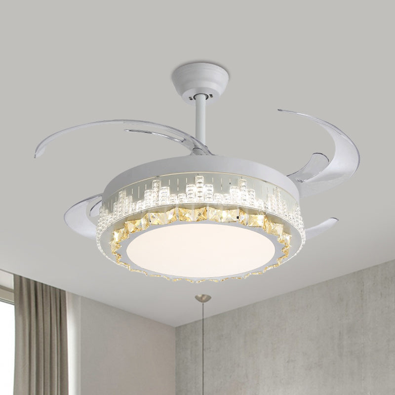 4 Blades LED Pendant Fan Lamp Contemporary Circular Clear Crystal Blocks Semi Flush Mount, 19