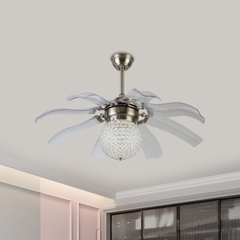 White Sphere Semi Flush Modern Clear Crystal Balls Embedded Parlor LED Hanging Fan Light with 8 Blades, 42