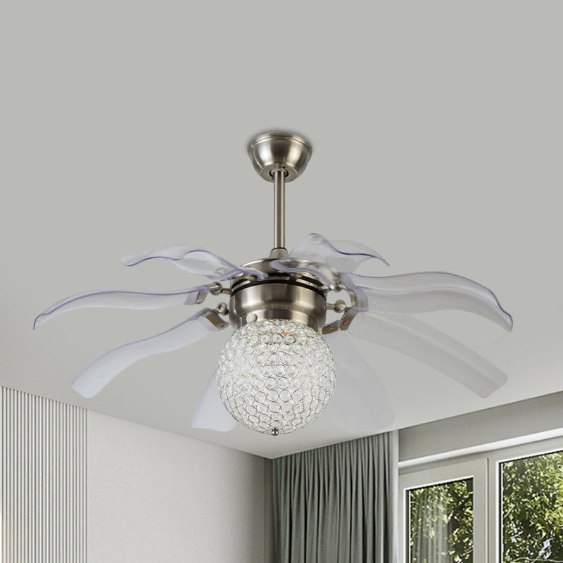 White Sphere Semi Flush Modern Clear Crystal Balls Embedded Parlor LED Hanging Fan Light with 8 Blades, 42