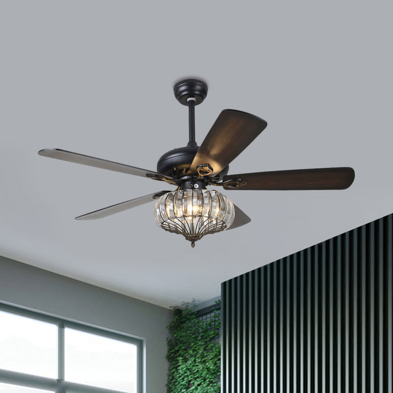 4 Blades LED Lantern Ceiling Fan Lamp Modern Iron Clear Crystal Semi Flush Light, 52