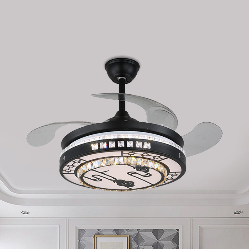 4 Blades LED Round Semi Flush Modern Black Finish Clear Square Crystals Hanging Fan Light, with Chinese Knot/Flower/Half Circular Pattern, 19 Wide Black C Clearhalo 'Ceiling Fans with Lights' 'Ceiling Fans' 'Modern Ceiling Fans' 'Modern' Lighting' 1426264