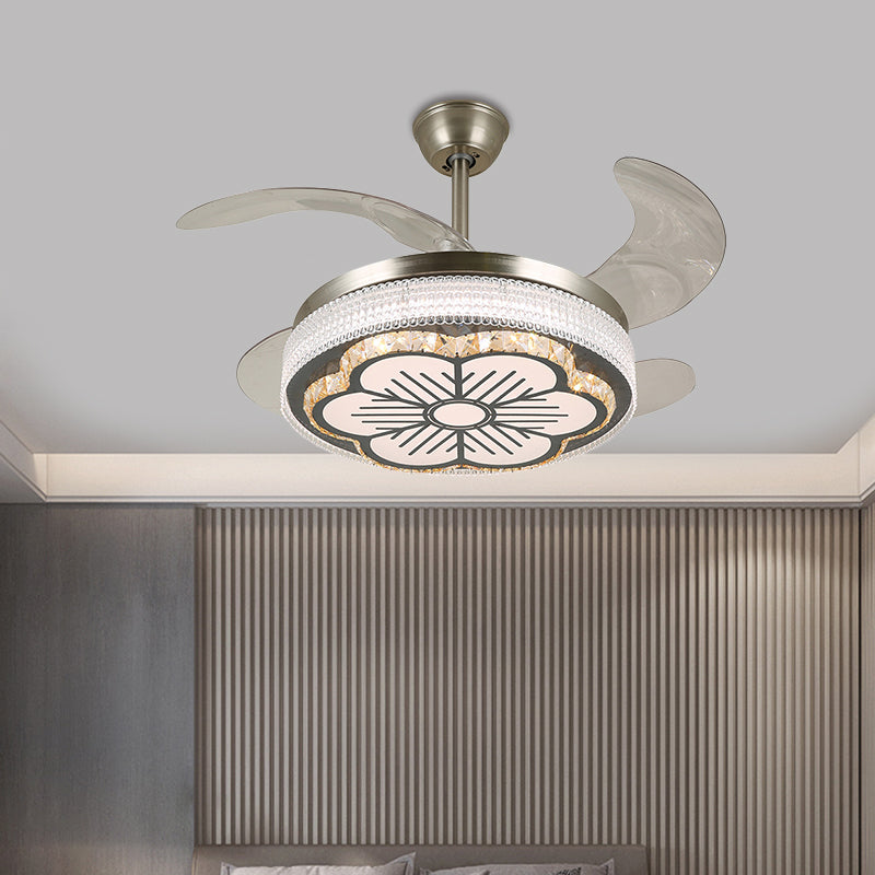 Stainless-Steel LED Semi Flush Light Contemporary Crystal Blocks Circular 4 Blades Ceiling Fan Lamp, 19