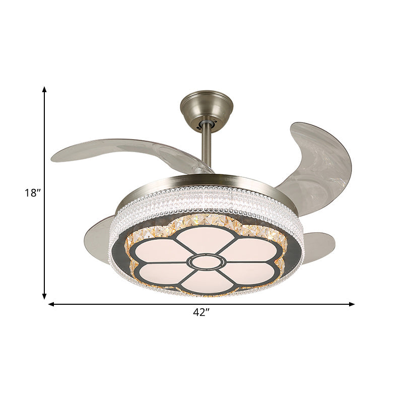 Stainless-Steel LED Semi Flush Light Contemporary Crystal Blocks Circular 4 Blades Ceiling Fan Lamp, 19