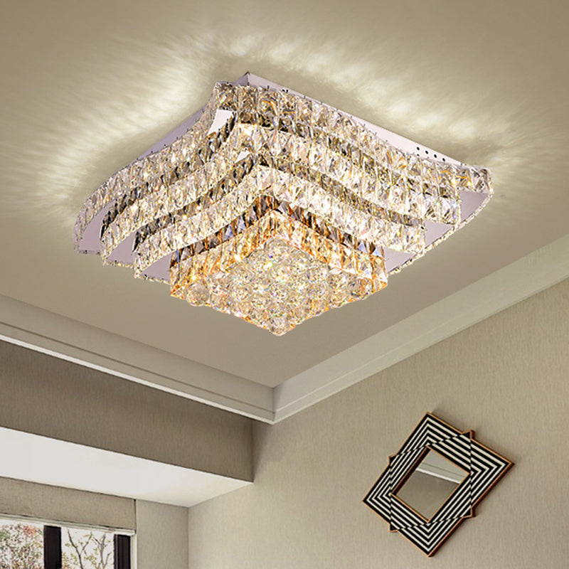 Wavy-Side Square Bedroom Flush Mount Modern Clear Crystal Blocks Stainless-Steel LED Ceiling Lighting Fixture Stainless-Steel Clearhalo 'Ceiling Lights' 'Close To Ceiling Lights' 'Close to ceiling' 'Flush mount' Lighting' 1426377